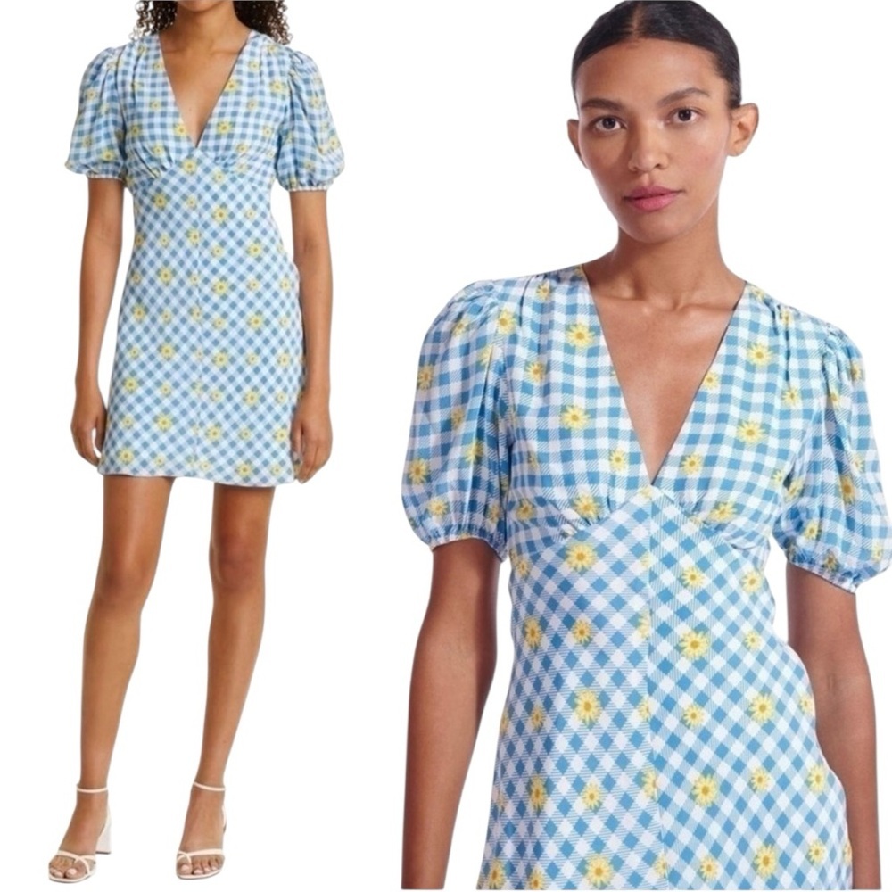 NWT STAUD Milla Mini Dress Gingham Daisy Plaid Blue and White Size 6 - Picture 3 of 12